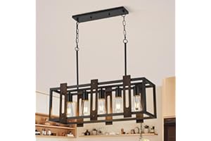 AOLALA 5-Light Farmhouse Linear Light Fixture Black Chandelier, Vintage Wood Kitchen Island Light Fixtures, Rectangular Metal Cage Table Pendant Lighting for Dining Room, Kitchen,Living Room(26"x9"x10")
