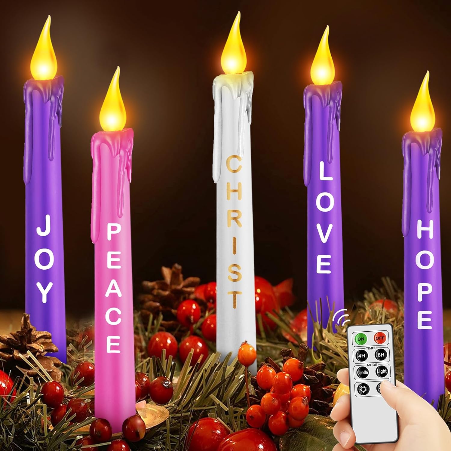 Lighting - 5 Pcs LED Flameless Advent Candle Set Christmas Advent Candles with Words Hope Peace Love Joy Christ and Remote Purple Pink White Taper Candles for Church Advent Wreath (Melted with Words and Remote)
