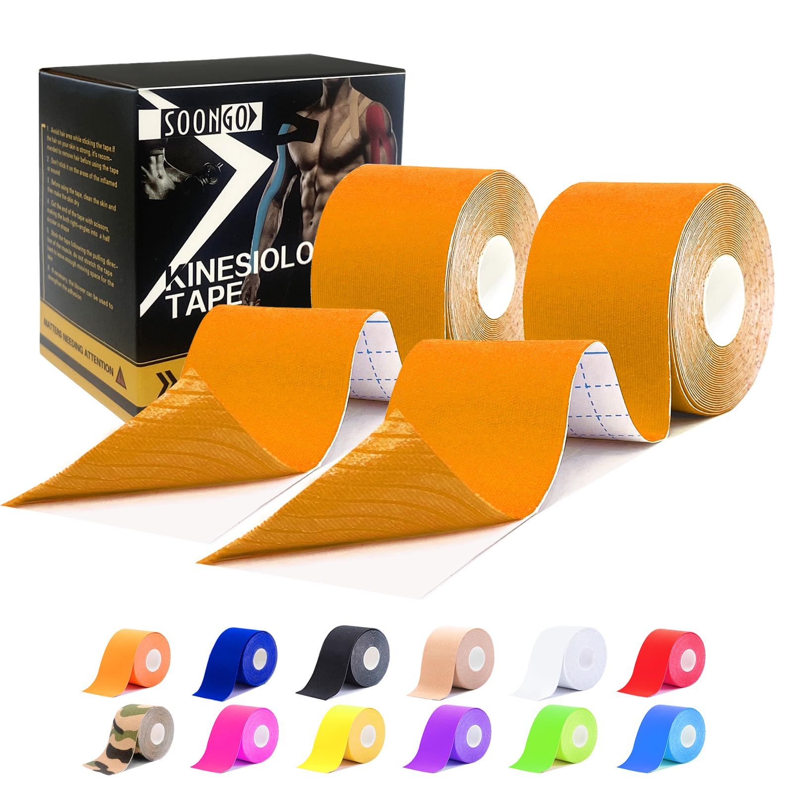Kinesiology Tape Rock Tape2 Rolls Relieve Muscle Soreness and Strain Shoulders Wrists Knees Ankles Elastic Waterproof Good Air Permeability Hypoallergenic Orange 5cm*5m By SOONGO