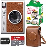 Fujifilm Instax Mini EVO Hybrid Brown Instant Camera | Instax Mini Twin Pack Instant Film | 32GB microSD Card with Adapter | Brown Camera Case