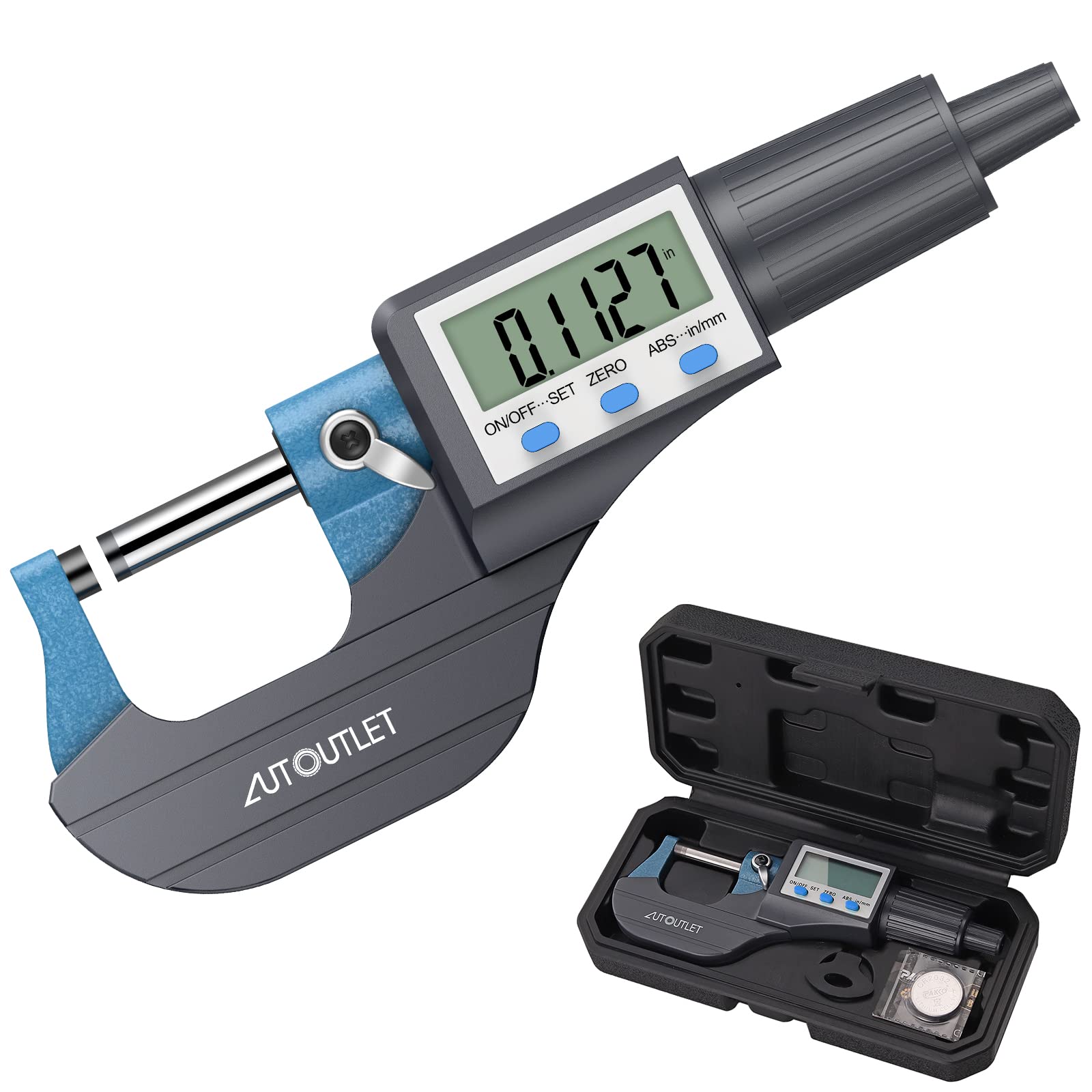 AUTOUTLET 0~25mm Electronic LCD Digital Display Outside Micrometer Micro Calipers Length Measuring Professional Tool with Adjustment Wrench, Instructions Booklet, and Extra Battery