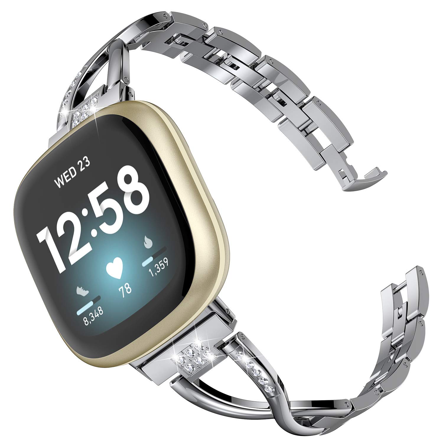Wearlizer Compatible with Fitbit Versa 4/ Versa 3/ Sense 2/ Sense Strap for Women Dressy Metal Replacement Wristbands Bands Bling Rhinestone Bracelet Band for Fitbit Versa 4 Smartwatch, Silver