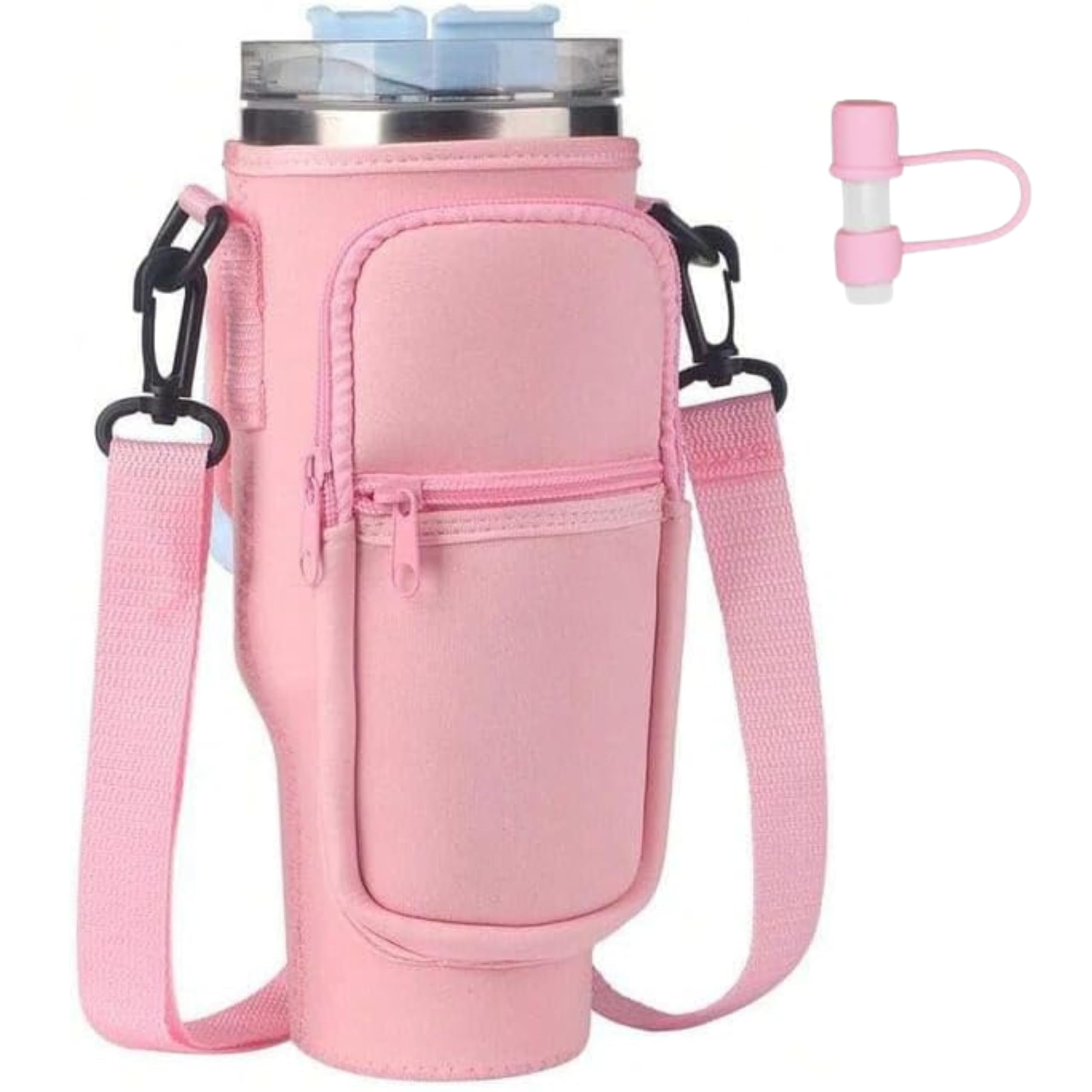 Stanley Cup Bag, Cup Accessories Holder with Adjustable Strap & Phone Pocket for Bottles, 40oz Tumbler for Walking and Hiking (Pink Bag + Straw Stopper)