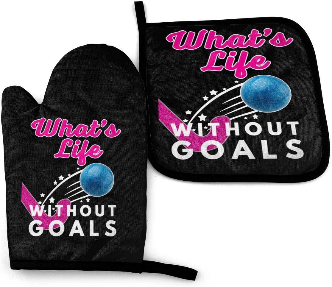 What's Life Without Goals Field Hockey Oven Mitts and Pot Holders Sets Cooking Gloves Baking Gloves for BBQ Cooking Baking Grilling