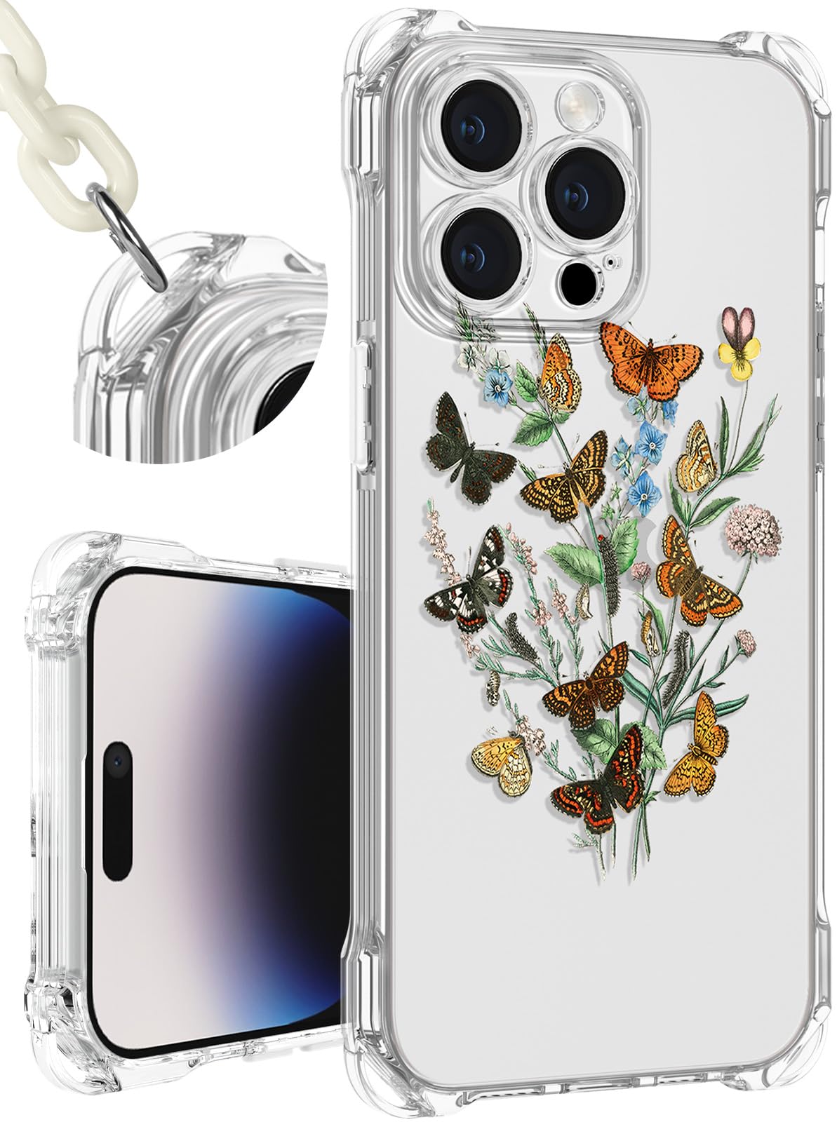 Toycamp for iPhone 14 Pro Max Case with Strap for Women - Cute Funny Fashion Girls Girly Hudie Flower Pattern Design for iPhone 14 Pro Max Phone Case with Wrist Lanyards Four Corners Hang Style