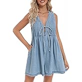 Vidifid Women's Denim Romper Casual Summer Sleeveless Jean Romper Tie Front V Neck Ruffle Jean Short Overall With Pockets
