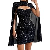 QIANZHIDU Women's Sparkly Hollow Out Mock Neck Cape Long Sleeve Bodycon Mini Cocktail Dress