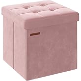 SONGMICS Small Storage Ottoman, Folding Ottoman Cube, 15 x 15 x 15 Inches, Footstool, Footrest, 11 Gal. (43 L), Velvet Surface, for Bedroom, Living Room, Dorm, Jelly Pink ULSF227R01