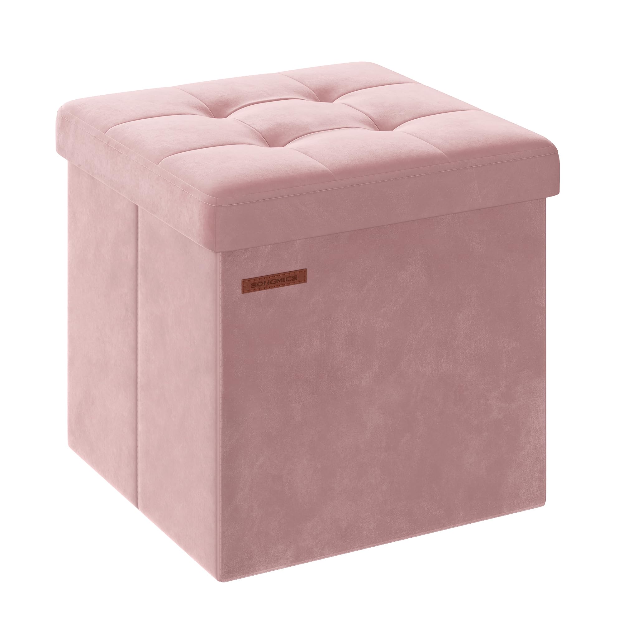 SONGMICS Storage Ottoman, Foldable Small Ottoman Foot Rest, 38 x 38 cm Foot Stool, Ottoman with Storage, Load up to 300 kg, for Living Room, Bedroom, Dorm, Jelly Pink LSF227R51