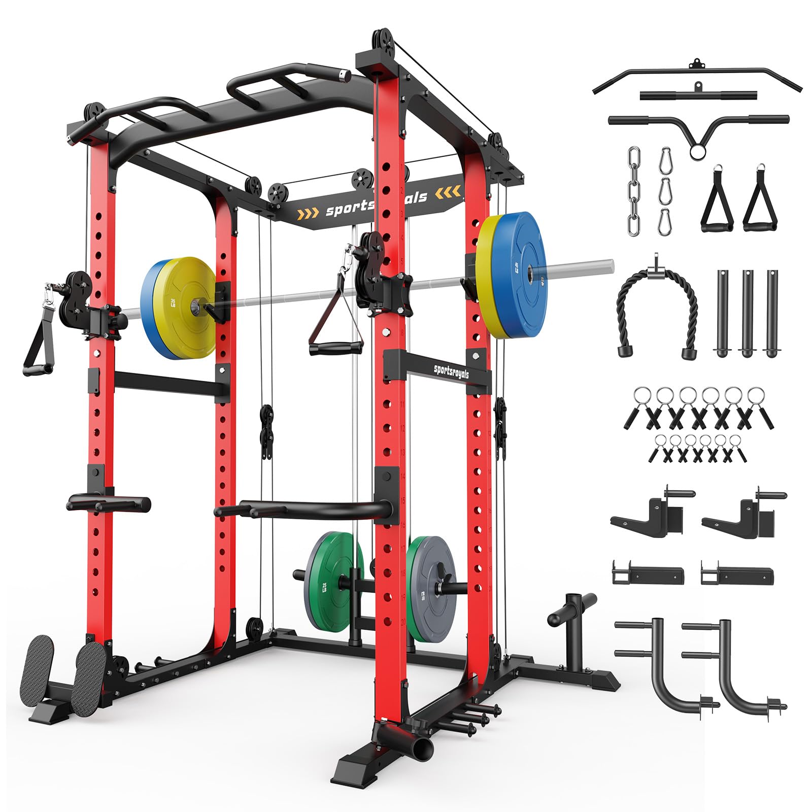 Sportsroyals Power Cage,1600lbs Multi-Function Power Rack with Adjustable Cable Crossover System and More Training Attachment, Weight Cage for Home Gym Image