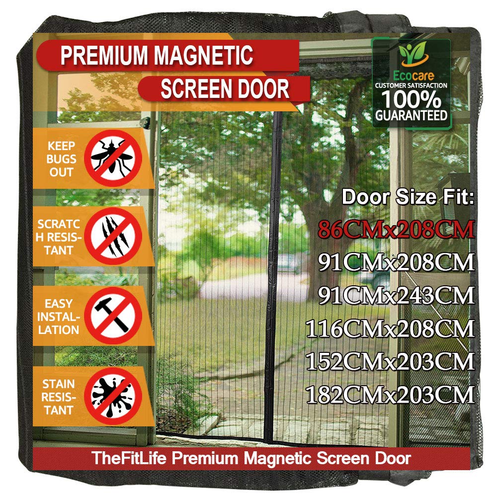 TheFitLife Magnetic Fly Screens for Doors - Heavy Duty Mesh Curtain with Full Frame Hook and Loop Powerful Magnets That Snap Shut Automatically