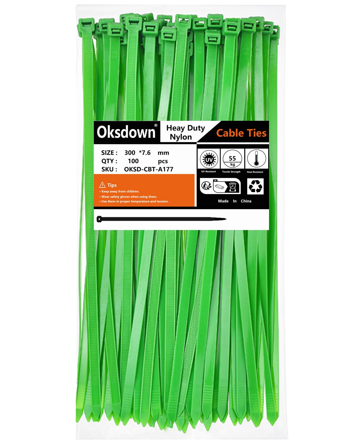 Oksdown 100 Pack Thick Green Plastic Cable Ties 300mm×7.6mm Heavy Duty Nylon Garden Long Zip Tie Multi Purpose Premium 12 inch/30 cm Tie Wraps