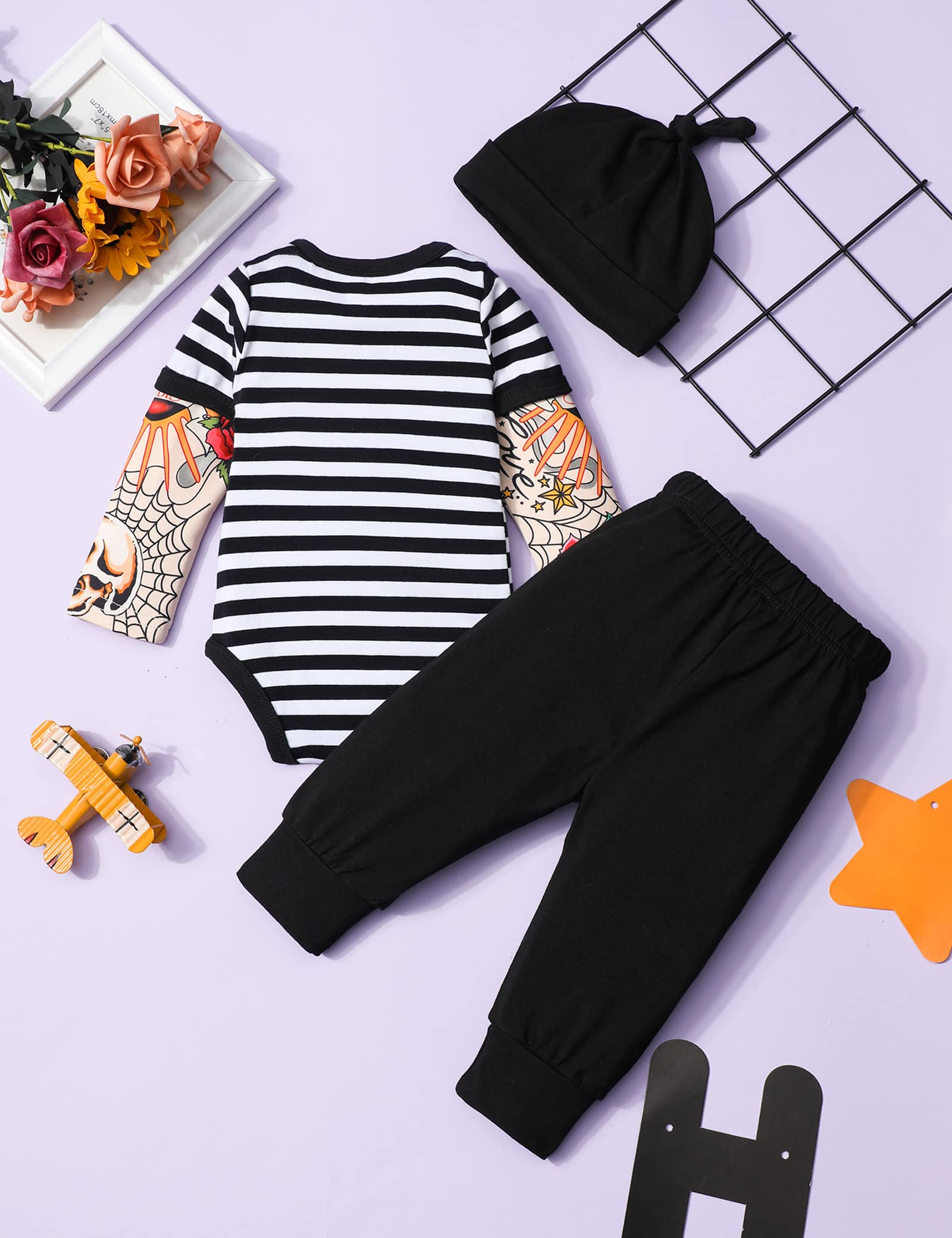 Fommy Baby Boy Clothes Tattoo Sleeve Funny Romper Bodysuit+Pants 3PCS Infant Outfits Set
