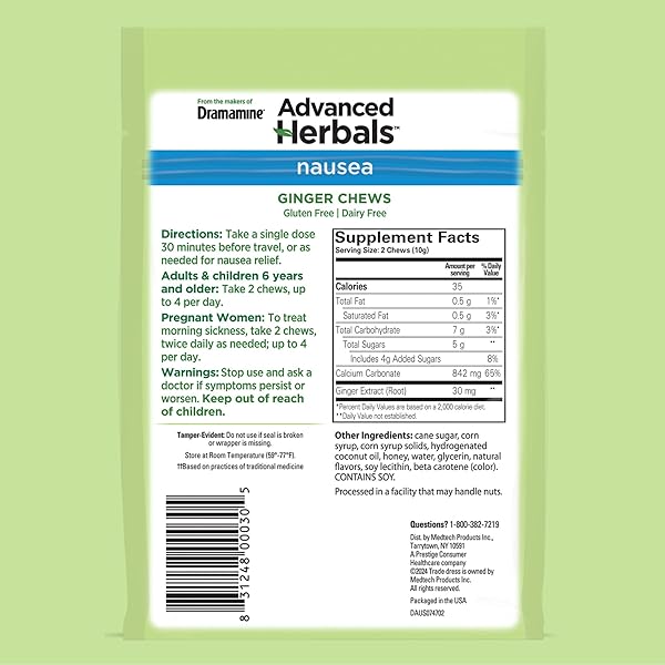 FROM THE MAKERS OF DRAMAMINE, ADVANCED HERBALS GINGER CHEWS FOR NAUSEA RELIEF, MORNING SICKNESS RELIEF & MOTION SICKNESS RELIEF DURING TRAVEL, LEMON-HONEY, 40 COUNT