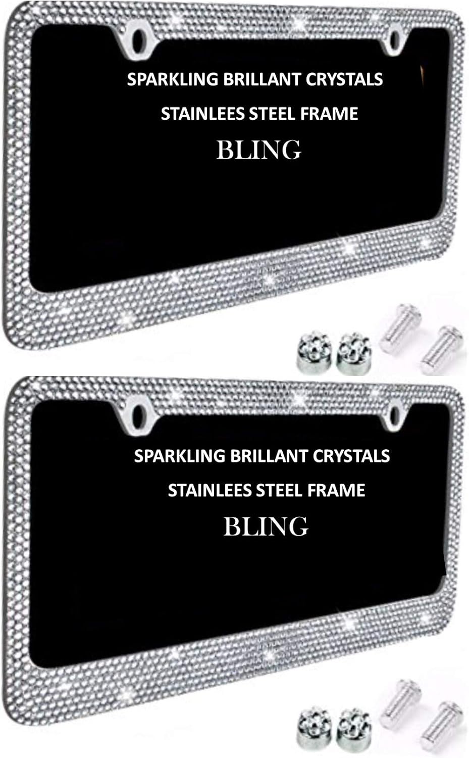 License Plate Frames 2 PACK Glitter White Crystal Rhinestone on Stainless Steel Chrome Plate Holder with Shiny Diamond Bling Front + Rear