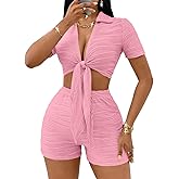 MSLG Women's Sexy 2 Piece Set Solid Summer Bodycon Suit Casual Tie Front Short Sleeve V Neck Crop Top Shorts Outfits Sets S42
