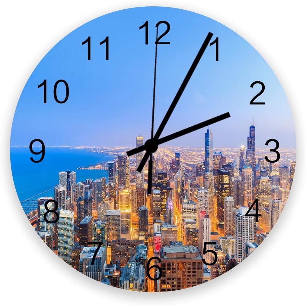 DKISEE Silent Non-Ticking Clock Buildings City Landscape Lake Michigan Chicago Dusk State Clock, Living Room Clock, Round Wood Wall Clock, Home Decor Quartz Clock 12 inches