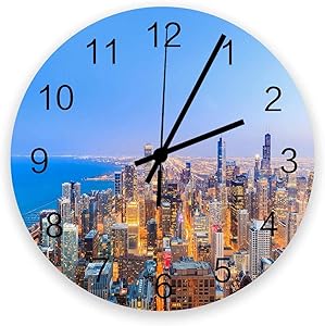 DKISEE Silent Non-Ticking Clock Buildings City Landscape Lake Michigan Chicago Dusk State Clock, Living Room Clock, Round Wood Wall Clock, Home Decor Quartz Clock 12 inches