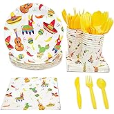 BLUE PANDA Fiesta Plates & Napkins Dinnerware Set - 144-Piece, Serves 24, Multicolor Cartoon Paper - Taco Party Plates & Cups - Mexican Themed Tableware - Fiesta Party Supplies