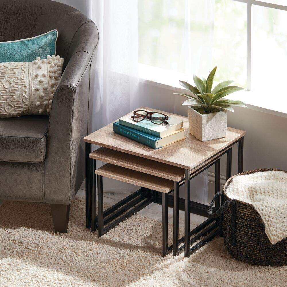 mDesign Modern Farmhouse Nesting Side/End Table - Metal Wood Design - Sturdy Vintage, Rustic, Industrial Home Decor Accent Furniture for Living Room, Bedroom - Set of 3 - Natural/Black: Home & Kitchen
