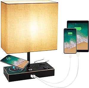 Touch Control Desk Lamp with Wireless Charger, 3 Way Dimmable Bedside Table Lamp with USB and Type C and 2 AC Outlets,Nightstand Desk Lamp for Bedroom Living Room Office, 9W Blub Include(Black).