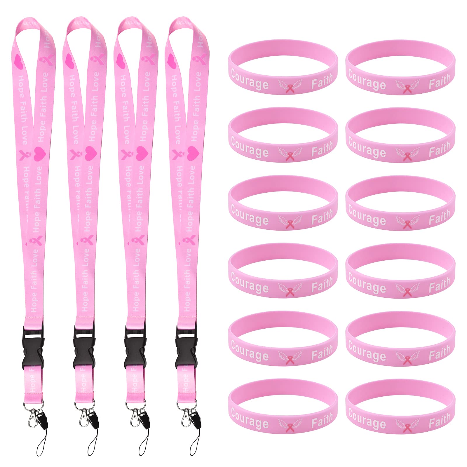 WANDIC 4 Pcs Pink Ribbon Neck Lanyards & 12 Pcs Silicone Pink Ribbon Wristbands Breast Cancer Awareness Lanyard Straps Badge Card Holder For Keychain ID Badge