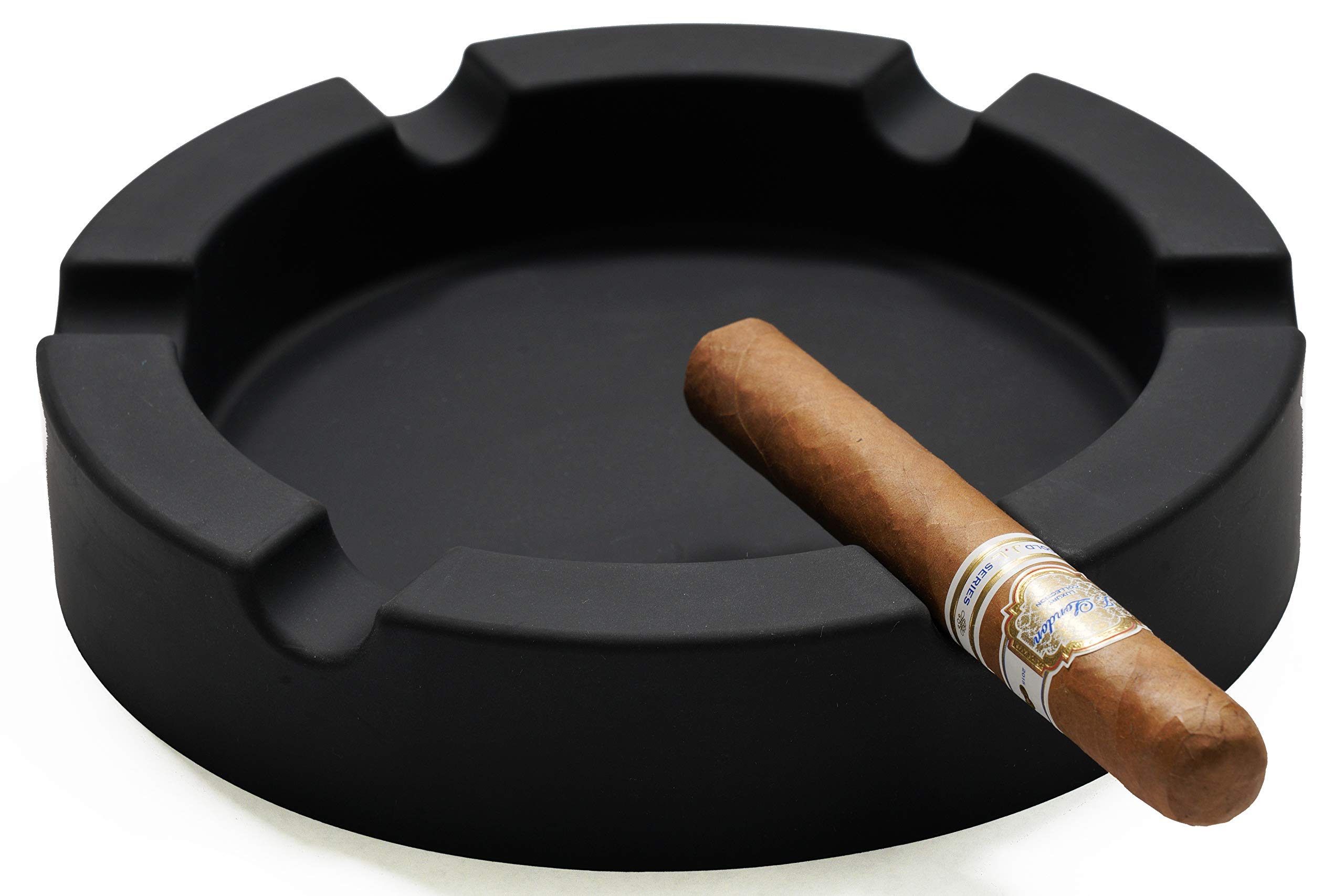 FairleeCove Large 9" Round Cigar Ashtray Centerpiece - Wide Shelf - Unbreakable – Firm Flexible Silicone Indoor Outdoor Cigar Ashtrays for Patio Pool Restaurant (Black)