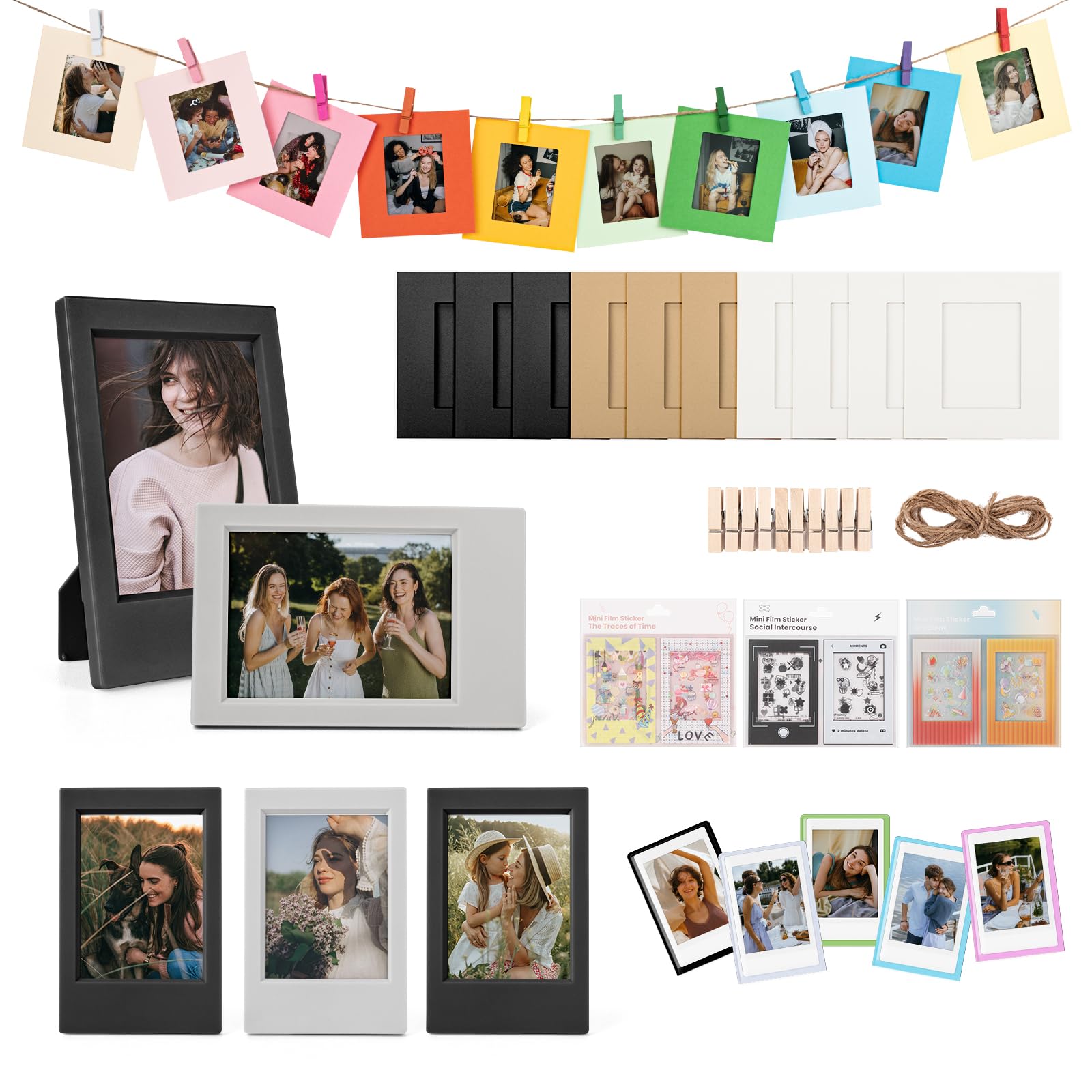 HIYQIN 2x3 Mini Picture Frames Accessories Kit for 3” Instax Film, for Fujiflm Instax Photo Display, Magnetic Photo Holder, Funny Border Stickers, and Hanging Paper Frames - Black Grey