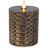 Luminara Snake Pattern Flameless LED Candle, Black &amp; Gold 3" x 4.5", Moving Flame Pillar, Battery Operated Timer Real Wax Halloween Gothic Home Decor