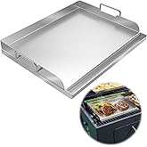 Universal Stainless Steel Griddle Flat Top Plate with Even Heating Bracing | for BBQ Charcoal and Gas Grills, Camping, Tailgating, and Parties,with Grease Groove and Removable Handles (17" x 13")