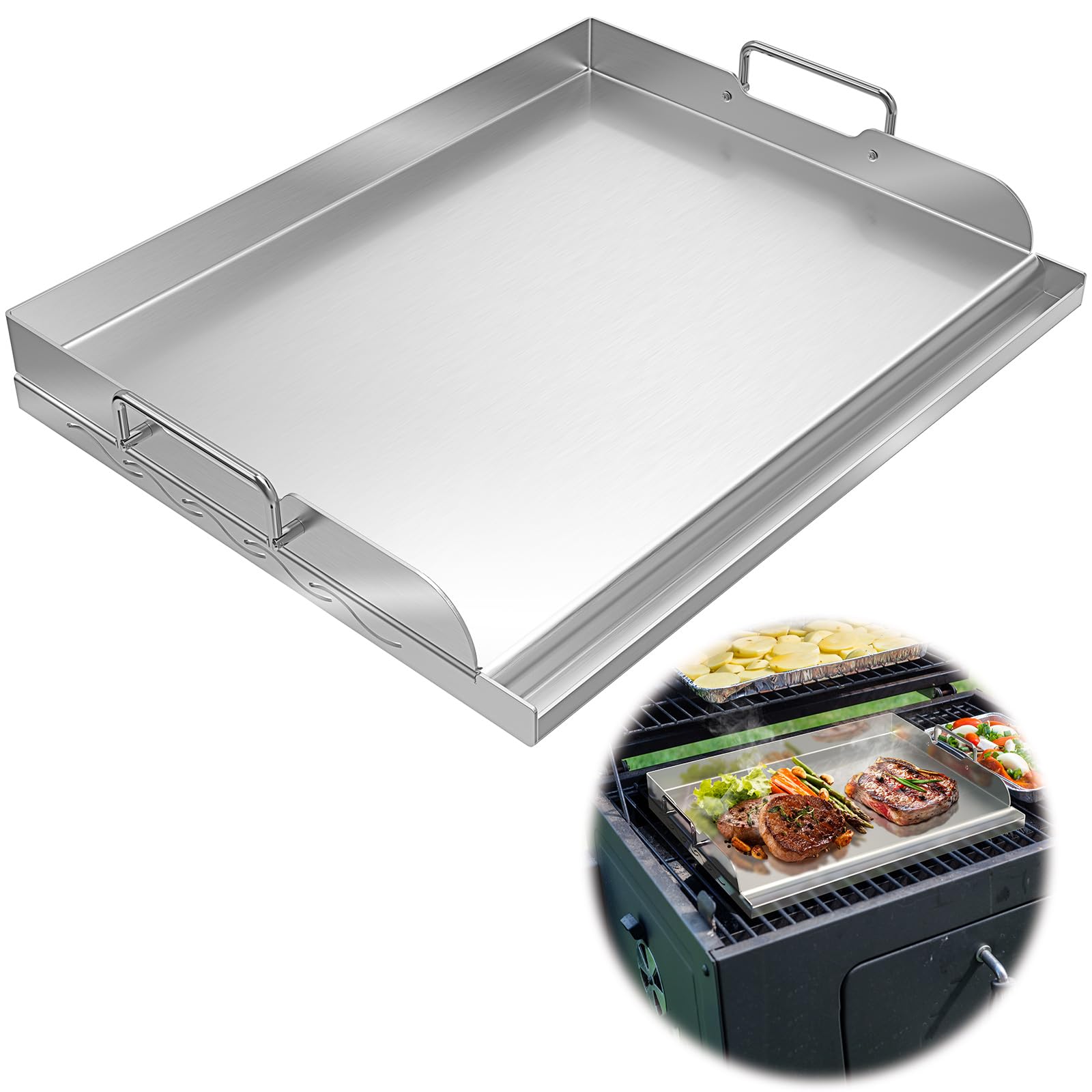 Photo 1 of * WEAR AND TEAR * Universal Stainless Steel Griddle Flat Top Plate with Even Heating Bracing for BBQ Charcoal and Gas Grills, Camping, Tailgating, and Parties,with Grease Groove and Removable Handles (17" x 13")