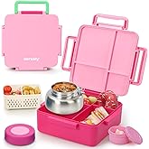Norxely Bento Box for Kids with Thermos, [Large Capacity] Insulated Lunch Box Kids with 4 Compartment for Ages 3+, Drop-Proof & Dishwasher Safe Lunchbox Container Pink