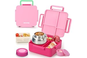 Norxely Bento Box for Kids with Thermos, [Large Capacity] Insulated Lunch Box Kids with 4 Compartment for Ages 3+, Drop-Proof & Dishwasher Safe Lunchbox Container Pink