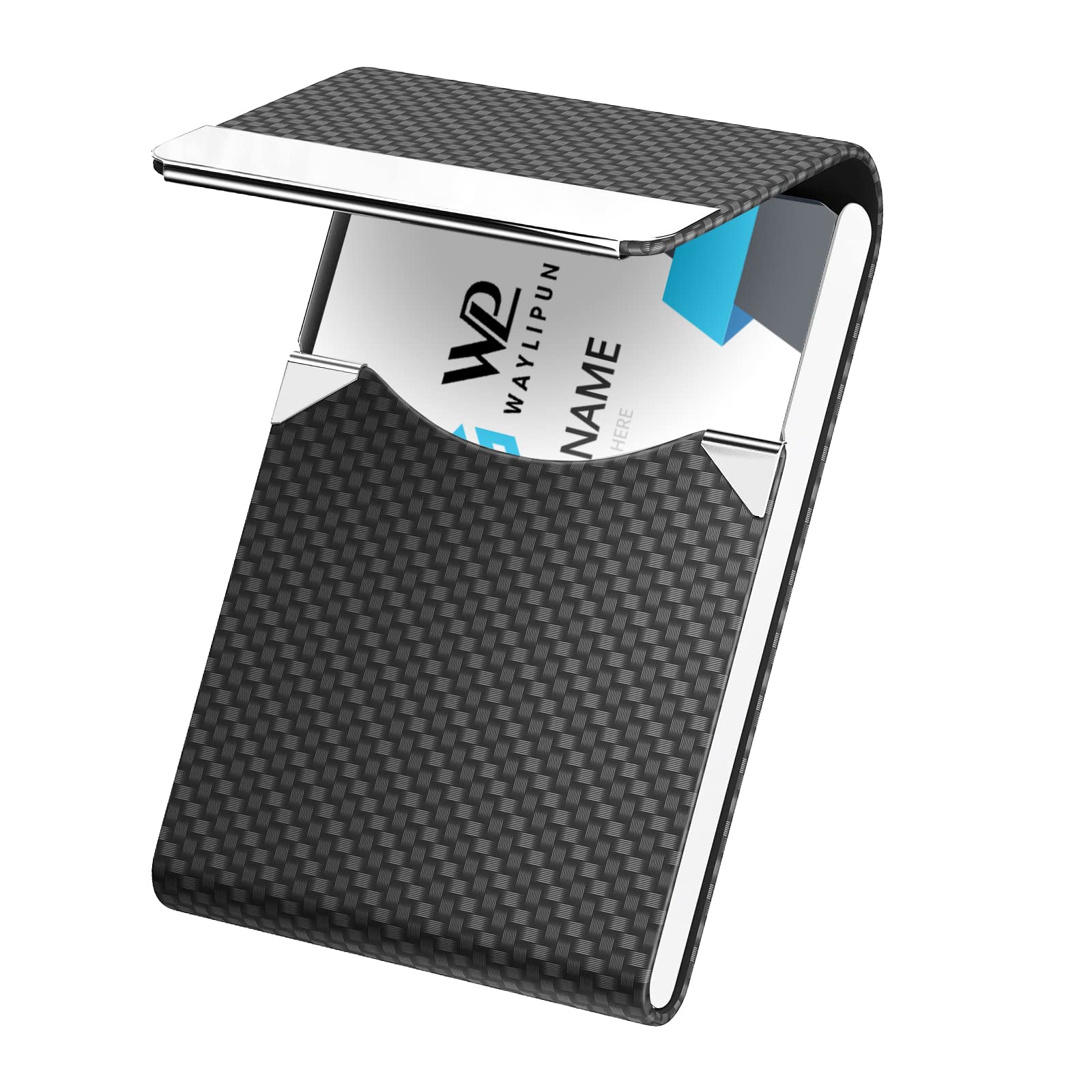 Waylipun Business Card Holders, Professional PU Leather & Stainless Steel Business Card Case, Slim Metal Pocket Card Holder with Magnetic Shut - Keep Business Cards in Immaculate Condition (Black)