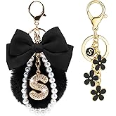 YOU WIZV Initial Letter Keychain for Women Girls Cute Bow Flower Puff Ball Pom Purse Bag Chains for Handbags Backpack