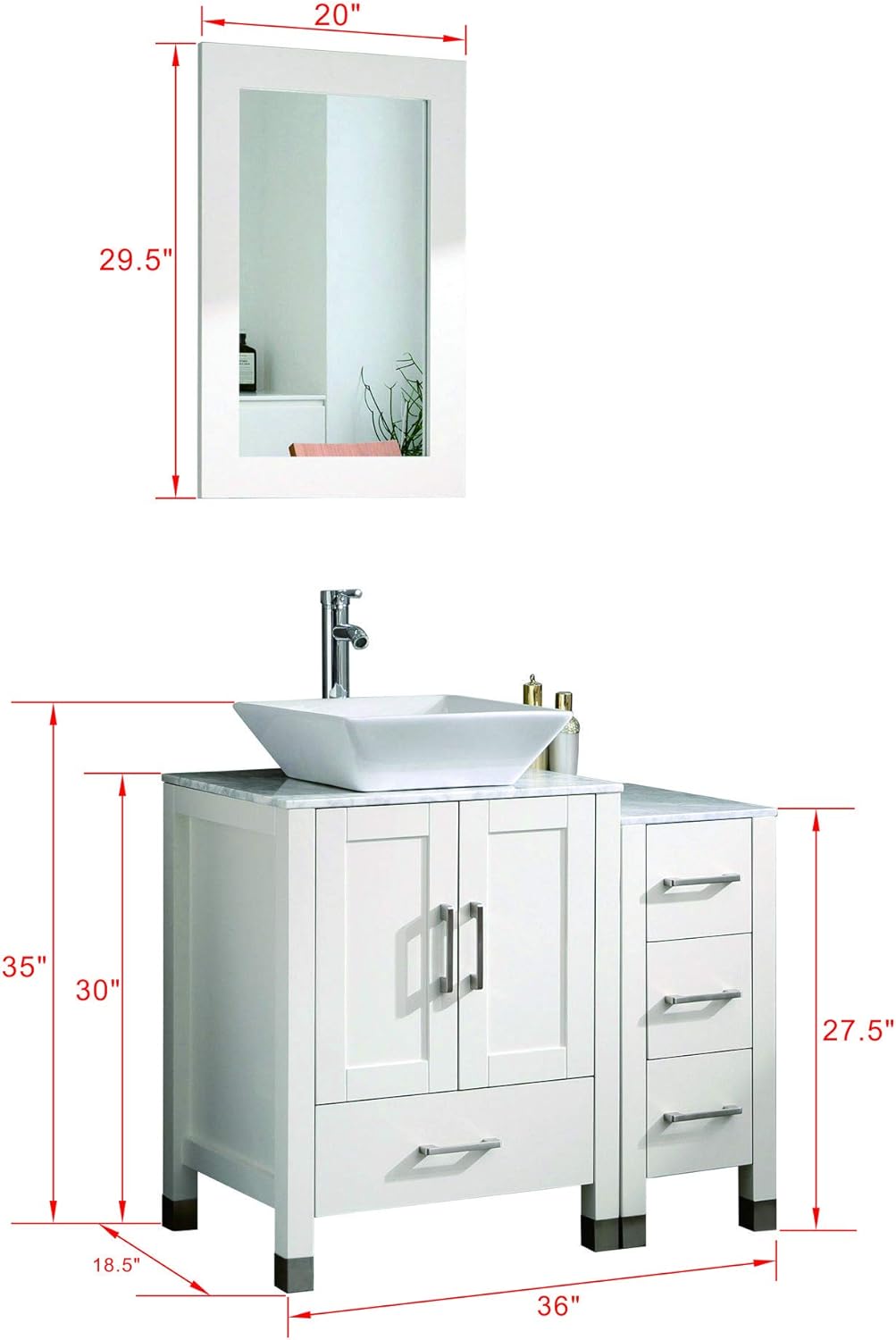 Amazon Com 36 White Bathroom Vanity Cabinet Wood With Glass Marble Top Vessel Sink Mirror Faucet And Drain Solid Wood Marble Top Kitchen Dining