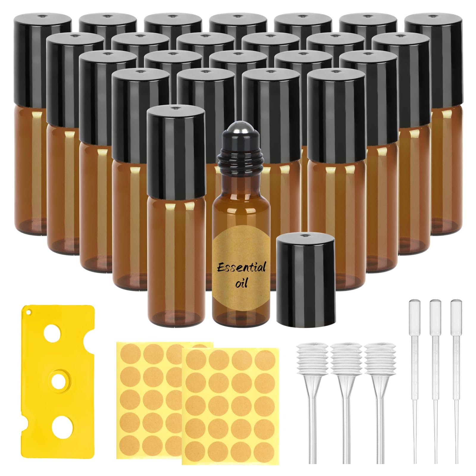 Ailvor 24pcs Essential Oils Roller Bottles, 5ml Roll on With Stainless Steel Ball, Glass Rollers, Opener, Dropper, Pipette, Label for Fragrance, Aromatherapy