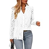 NALANISA Women's Long Sleeve Shirts Button Down Dressy Casual Blouses V Neck Embroidery Hollow Out Tops Fall Winter Clothes