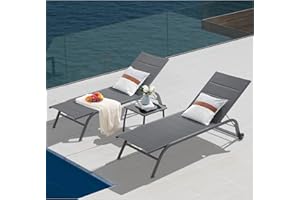 Patiorama Outdoor Patio Chaise Lounge Chair Set of 3, Dark Grey Aluminum Textilene Padded Adjustable Recliner w/Wheels, Side Table, Pool Lounger All Weather for Beach, Yard, Balcony (Dark Grey)