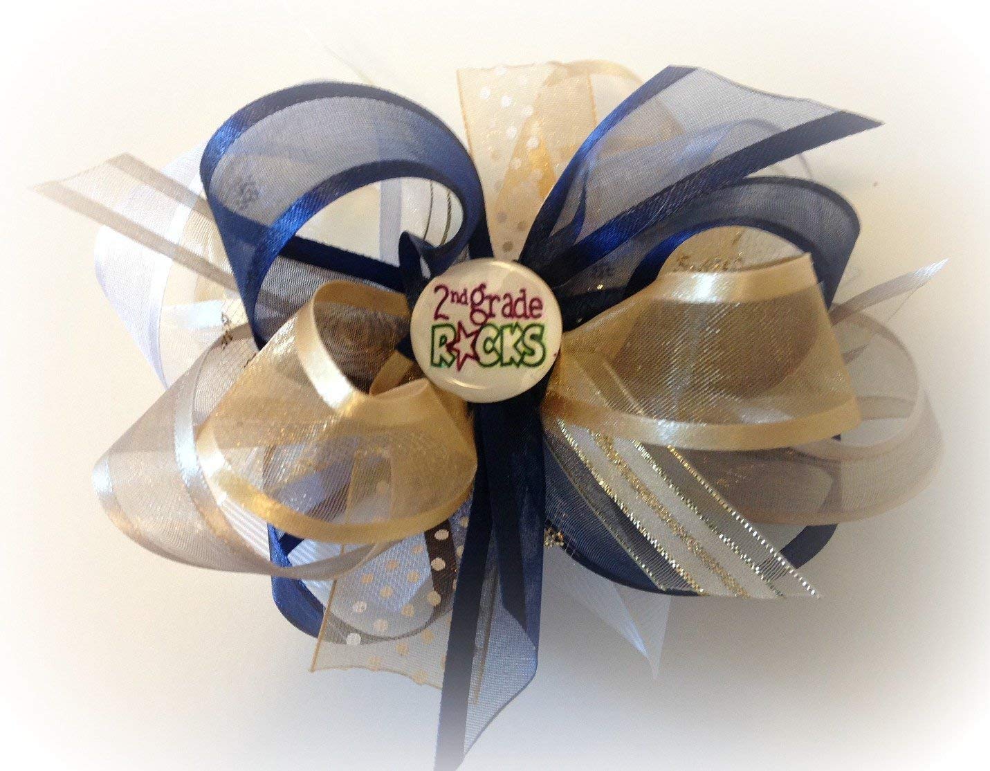 Amazon Com Navy Blue White Tan Beige Second Grade Rocks Hair Bow
