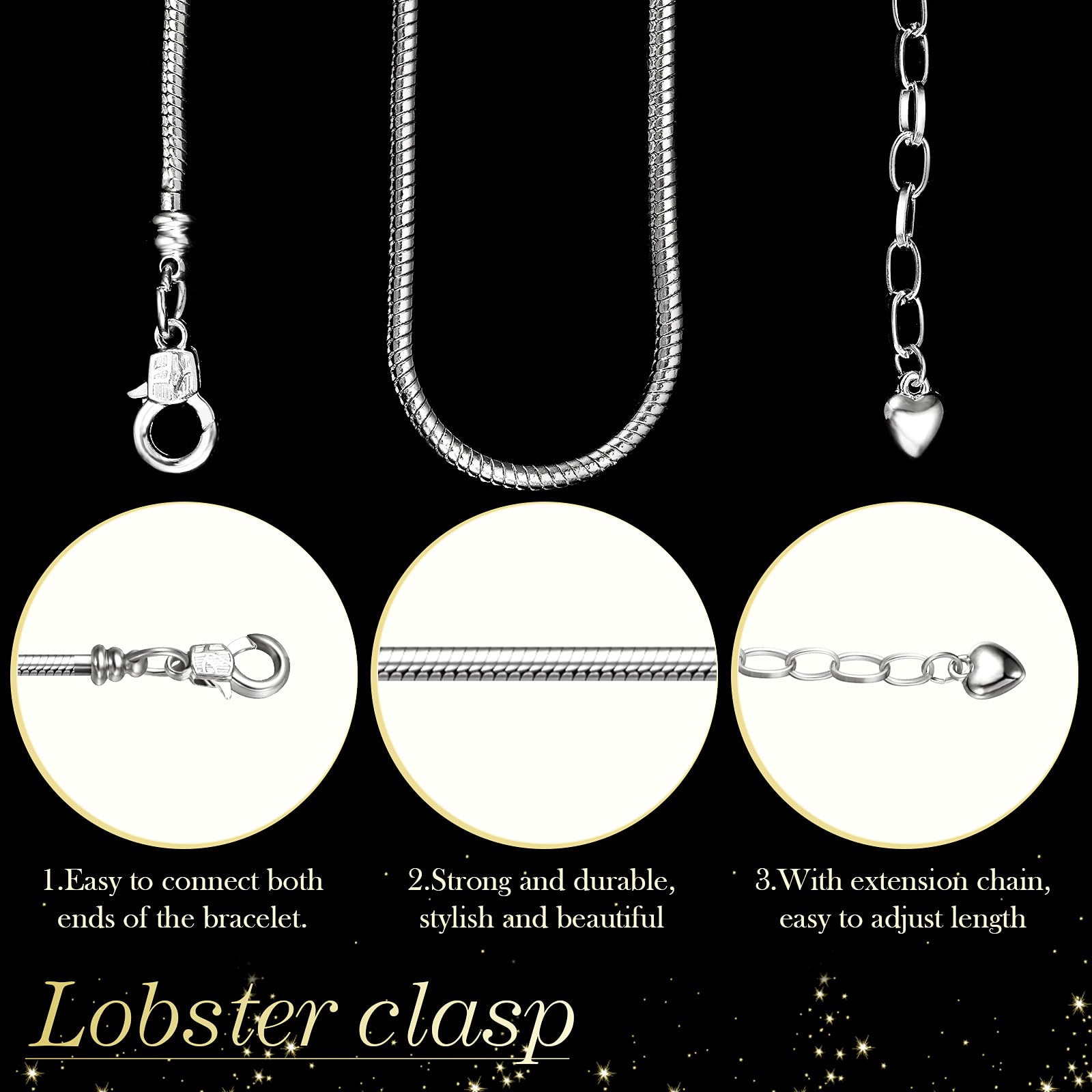 Hicarer 27 Pieces Snake Charm Bracelet Chain Adjustable Charm Bracelet Chain with Heart Shape Extender Copper DIY for Women Jewelry Making(7.9 Inch,Silver)