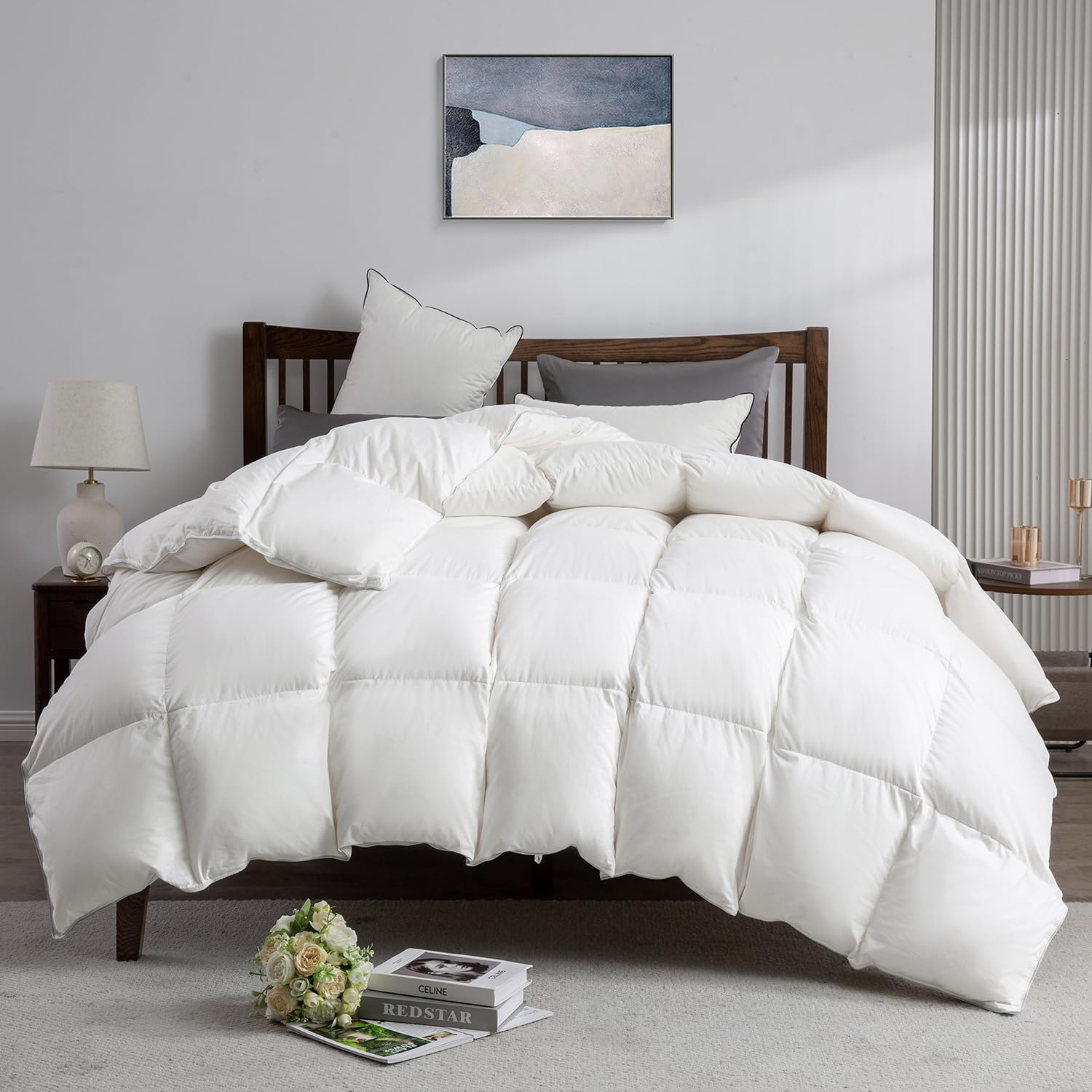 Photo 1 of APSMILE Hotel Quality Feathers Down Fiber Comforter King Size, Fluffy Duvet Insert for All Season, Luxury Feather Duvet with 8 Corner Tabs (White,106"×90")