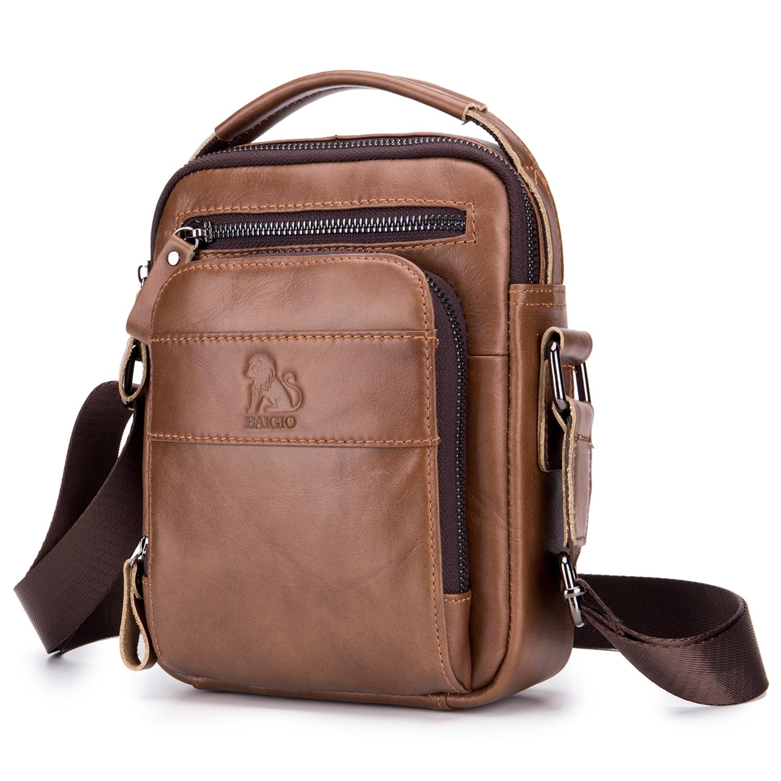 BAIGIO Cross Body Bag Men Men's Shoulder Bags Genuine Leather Crossbody Sling Handbag Ipad Man Bag Small Satchel Messenger with Adjustable Shoulder Strap for Business Work Daily Travel Holiday, Brown