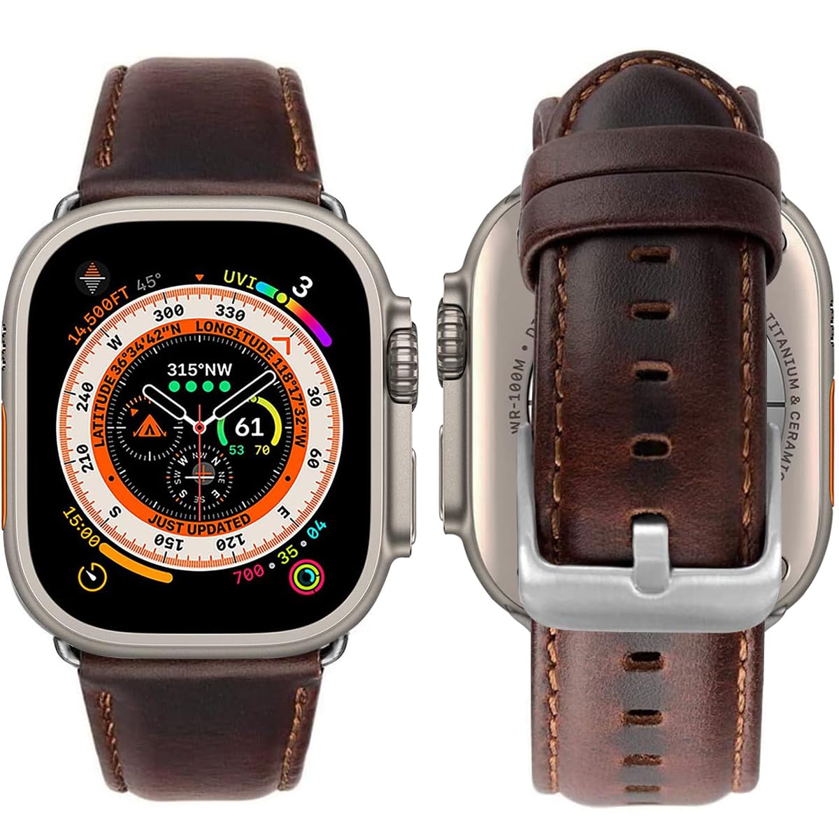 MroTech Compatible with Apple Watch Strap 42mm 44mm 45mm 49mm,Genuine Leather Band Replacement Strap for iWatch Strap Ultra Series 8 7 6 5 4 3 2 1 SE Strap 42 44 45 49 mm-Classic Coffee Silver Buckle