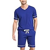 EA'S SECRET 100% Cotton Mens Pajamas Set Men's Sleepwear Short Sleeve Shirts Soft Lightweight V-Neck Pjs Set Loungewear Knit