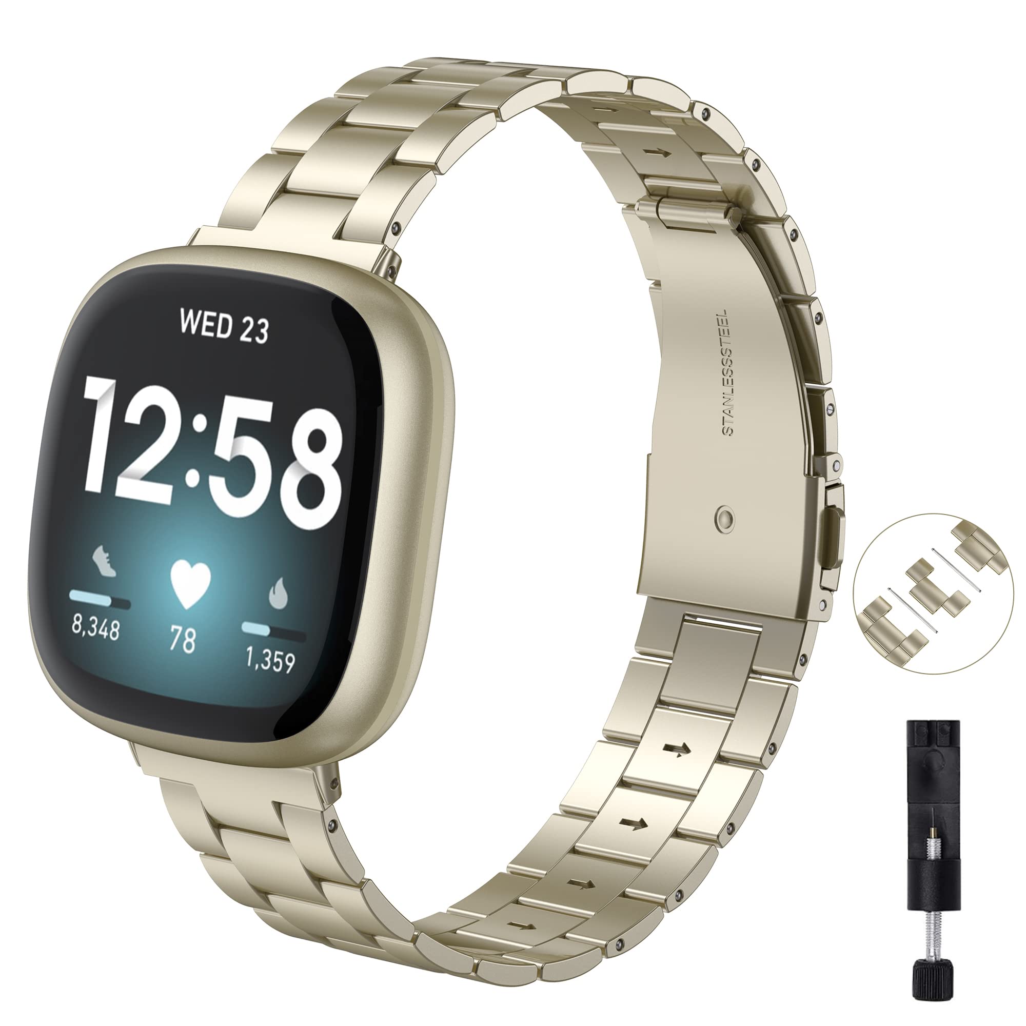 TOYOUTHS Metal Strap Compatible with Fitbit Versa 3/Fitbit Sense, Ultra-Thin Stainless Steel Wristbands Accessories Bracelet Strap Women Men, Gold