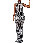 PORRCEY Women's Sexy Elegant Rhinestone Mesh See Through Bodycon Party Club Night Prom Dress