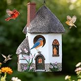 Bird Houses for Outside Rustic Cottage Birdhouse with Chimney Thatch Roof &ndash; Hand-Painted Resin Birdhouses for Outdoors for Bluebird Finches Cardinals Bird Nesting Garden, Patio, Yard
