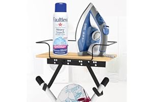 CAVWVTYU Ironing Board Holder Wall Mount - Iron Holder Ironing Board Hanger Shelf Laundry Room Organization with Metal Iron Board Holder Wood Base n Adjustable Hooks for Y T Shape Legs