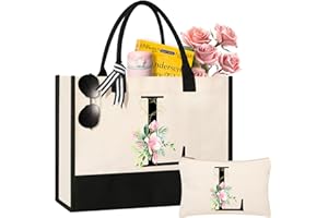 AYGE Personalized Initial Canvas Beach Tote, Monogrammed Gifts for Women, Makeup Bag, Birthday Gifts for Sister, Mom, Teacher, Bridesmaid (L)